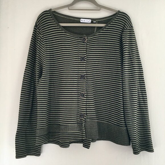 Habitat Sz XL Green Black Striped Artsy Lagenlook Cardigan Jacket Topper Blouse - Picture 1 of 10